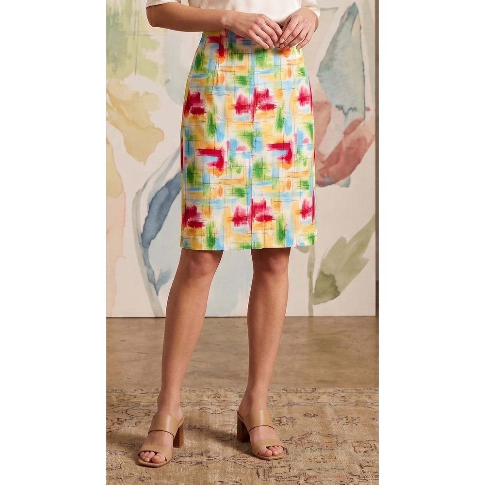 TALBOTS Painterly Watercolor Pencil Size 8 Abstract Cotton Stretch Lined Career